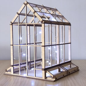 Maqueta invernadero de madera, imagen en perspectiva con luces