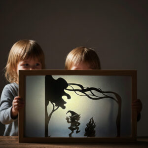 niñas jugando con teatro de sombras